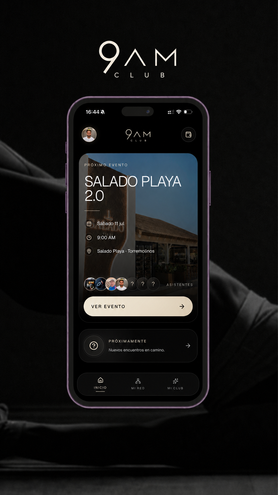 Aplicación de 9AM, pantalla de eventos